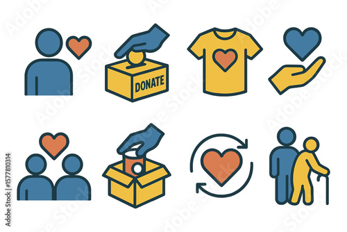 Charity and donation icons set in minimalistic flat style