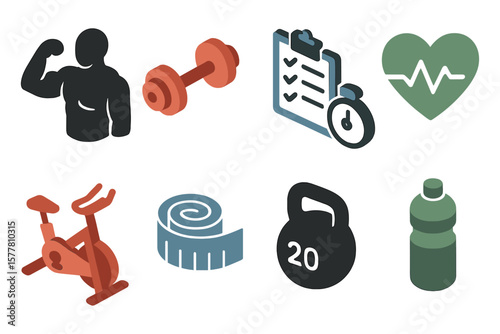 Fitness and health icons set featuring silhouette and isometric designs for training and wellness