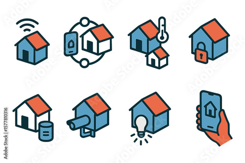Smart home icons set featuring isometric design with connectivity and security elements