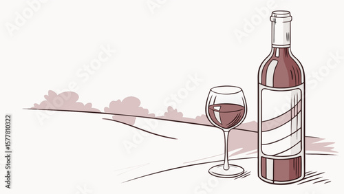 Red wine bottle and glass illustration for wine tasting experience and vineyard landscape background art
