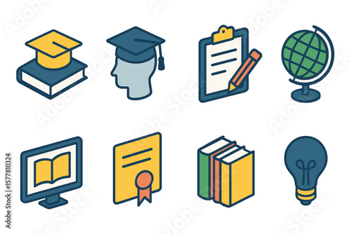 Colorful isometric education icons featuring graduation cap, globe, books, diploma, and more