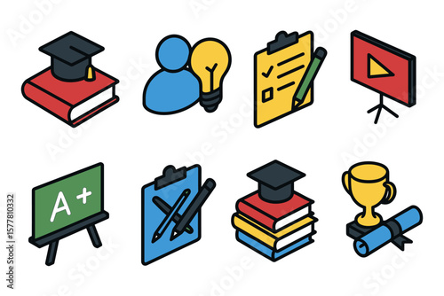 Colorful isometric education icons set for learning and teaching resources