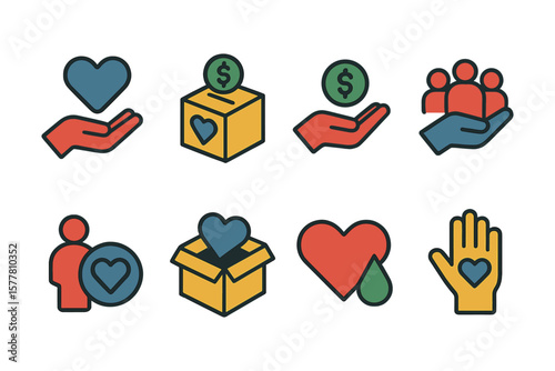 Charity and donation icons: heart, hand, and community symbols in bold colors