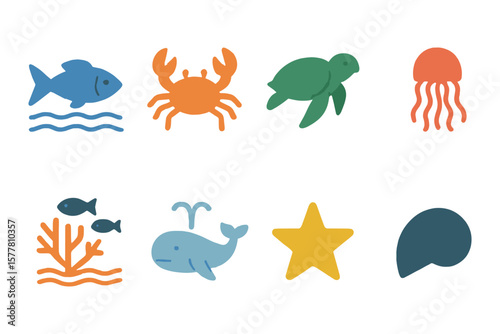 Colorful marine life: ocean animals in simple flat design