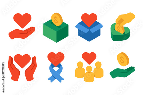 Charity donation icons: heart, coin, and hands in vibrant colors