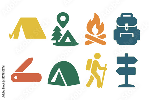 Camping adventure icons: tents, campfires, hiking gear, and more