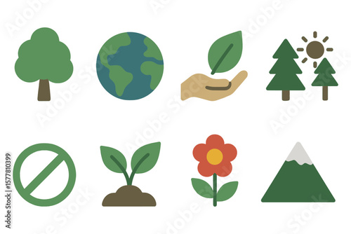 Eco-friendly icons: trees, earth, and nature symbols for environmental awareness