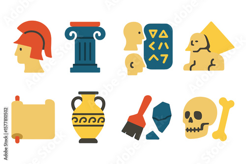 Ancient civilization icons set featuring greek, egyptian, and archaeological motifs