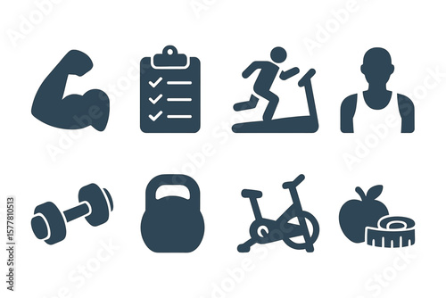 Fitness icon set featuring workout, exercise, and health symbols in solid style