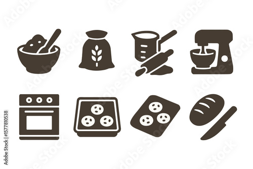 Brown silhouette icons for baking and kitchen essentials