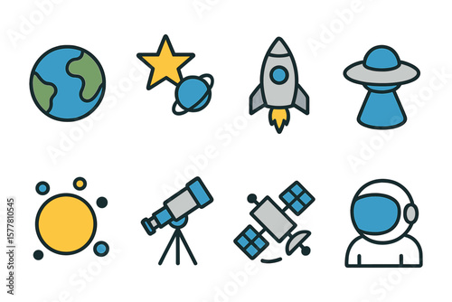 Colorful space exploration icons featuring planets, rocket, and astronaut