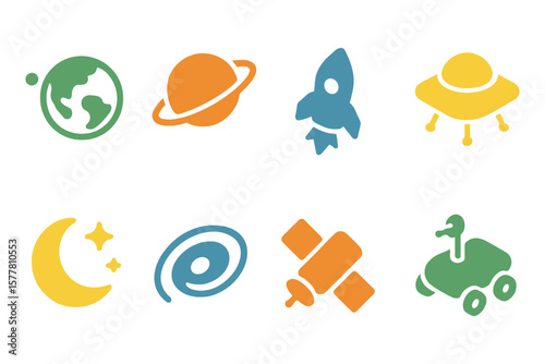 Colorful space icons featuring planets, rocket, ufo, and space rover in flat design