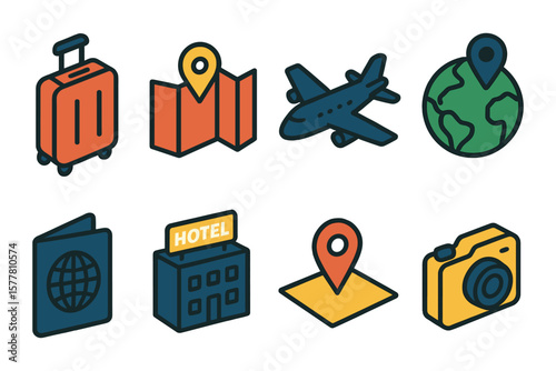 Colorful travel icons: journey essentials featuring globe, map, and airplane