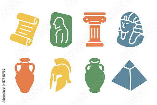 Colorful ancient history icons: scroll, bust, column, pharaoh, amphora, helmet, pyramid