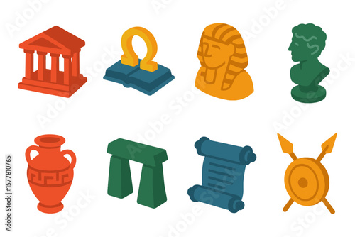 Isometric ancient civilization icons: temple, sculpture, artifacts, scroll, busts