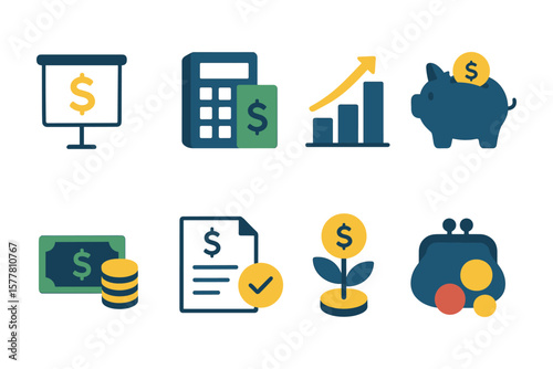 Financial growth icons set featuring calculator, piggy bank, and investment graphics in flat design