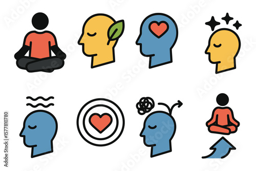 Mindfulness and mental health icons with meditation and positive thinking themes