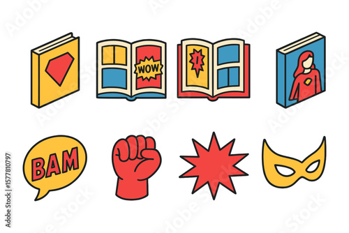 Colorful comic book icons featuring superhero elements and speech bubbles