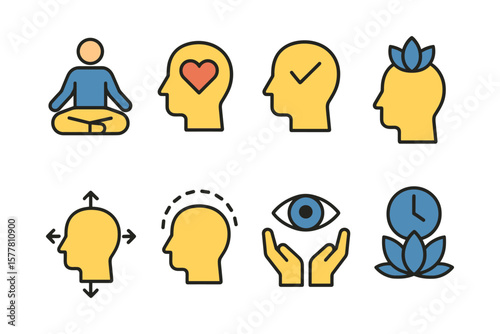 Mindfulness and personal growth icons: meditation, wellbeing, and cognitive development
