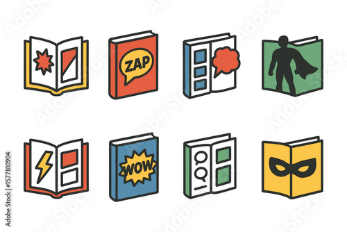Colorful comic book icons featuring heroic and action elements in linear style