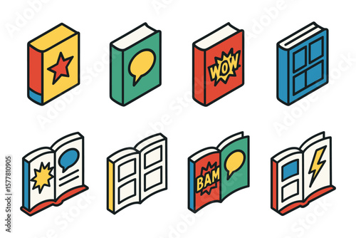 Isometric comic books with speech bubbles and action elements