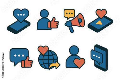 Social media icon set: communication, connection, engagement in modern design