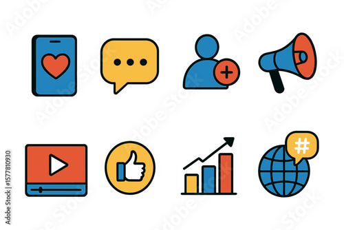 Social media icons set: communication and engagement symbols in modern flat design