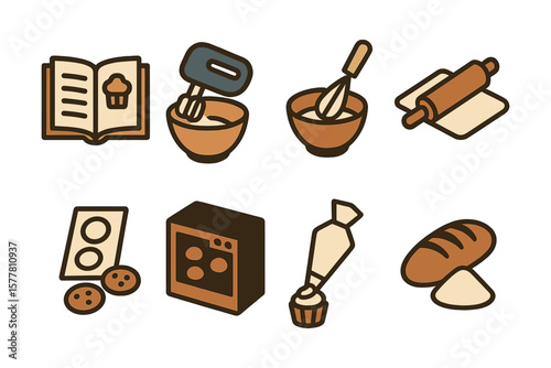 Colorful baking icons set featuring kitchen tools and ingredients