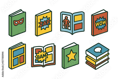 Isometric comic book collection with speech bubbles and heroic elements