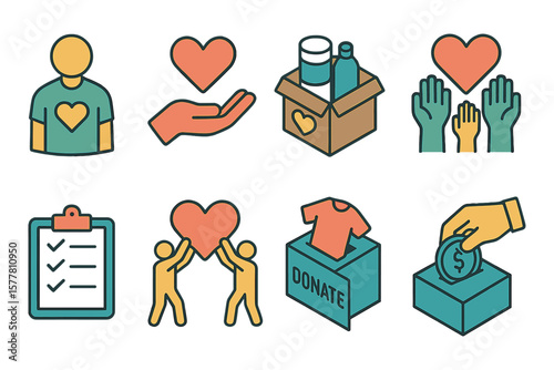 Colorful charity icons set: donation, volunteer, help, and support in flat style