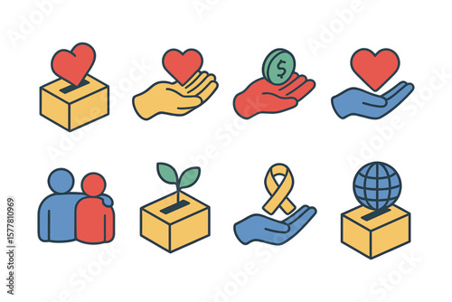 Charity and donation symbols in colorful linear icons set