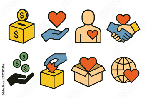 Charity icons: heart, donation, and volunteer concepts in colorful outline style