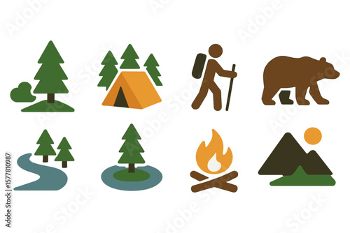 Camping icons set: hiking, wildlife, and outdoor adventure symbols
