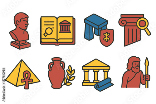 Historical icons: ancient artifacts and symbols in bold line art style