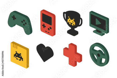 Retro gaming icons with isometric video game elements and awards featuring classic symbols