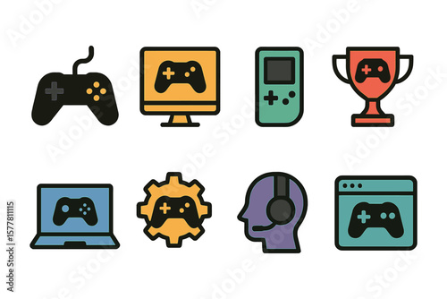 Colorful gaming icons set featuring consoles and trophies