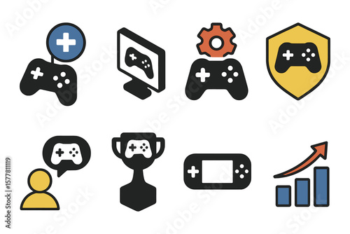 Colorful gaming icons set for digital and online game themes