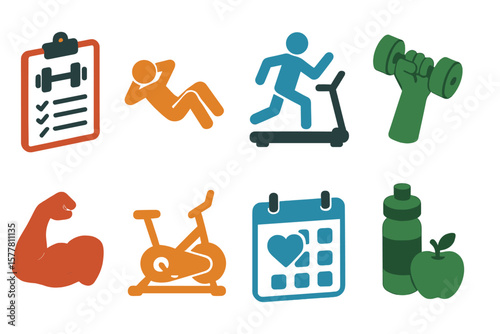 Colorful fitness icons: workout, exercise, and health essentials