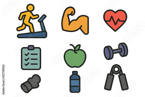 Fitness icon set: flat style health and exercise symbols for workout inspiration