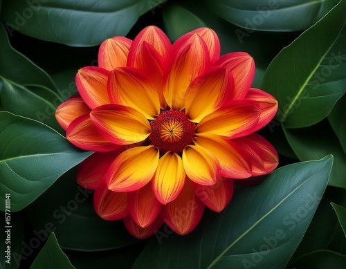 top view of blooming red and yellow flower with dark green leaves