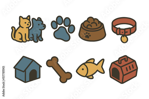 Cute pet icons collection: cats, dogs, fish, and accessories in flat style