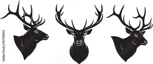 elk face silhouette vector, black and white elk face illustration, minimalistic elk head vector, stylized elk face outline, tribal elk head design, elk face with antlers silhouette, majestic elk face 