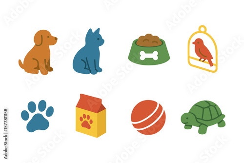 Colorful pet icons set featuring dog, cat, bird, turtle, and accessories