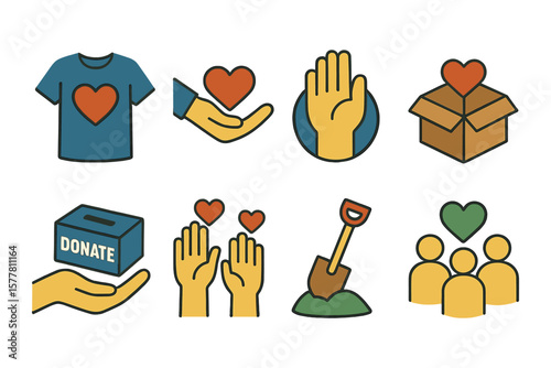 Charity and volunteer icons with heart theme in modern flat design