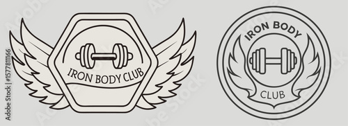 Iron body gym club logos with winged weights and shields representing strength, power, fitness motivation, and bodybuilding identity
