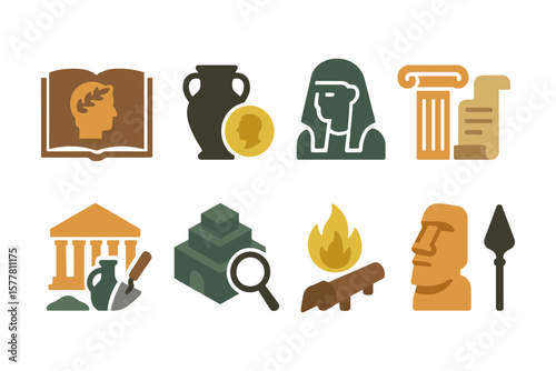 Ancient history icons: archaeology, artifacts, and cultural symbols