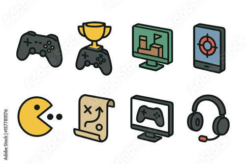 Colorful gaming icons set with controllers and accessories for modern design