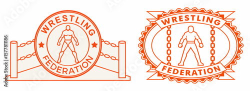 Wrestling federation badge artwork with chain borders, ring ropes, and grappler silhouettes for intense combat sports branding and poster design