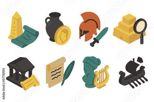 Ancient greece icons set with historical artifacts in isometric style