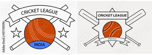 India cricket league emblems with bats, balls, and stars for national championship branding, sports academy, or youth training identity
